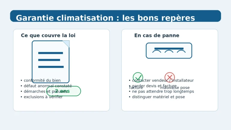 Illustration sur la garantie d’une climatisation avec document, délai de 2 ans et recours en cas de panne