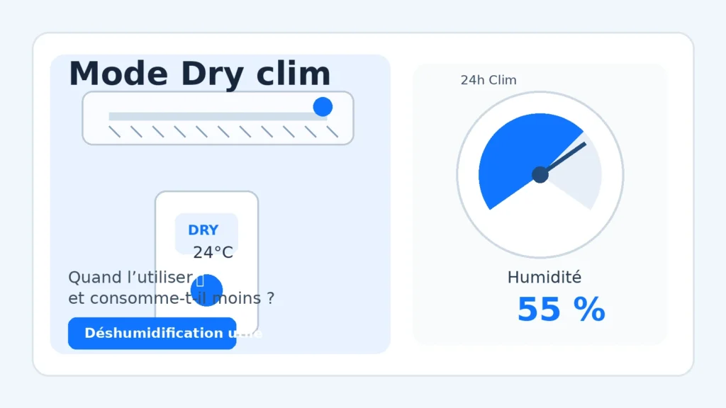 Mode Dry d’une clim avec télécommande et hygromètre