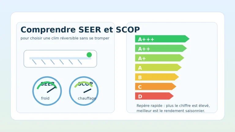 Illustration SEER et SCOP pour une climatisation réversible avec étiquette énergie et unité murale