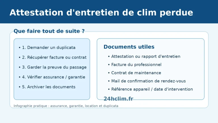 Attestation d'entretien de climatisation perdue : duplicata et preuves utiles