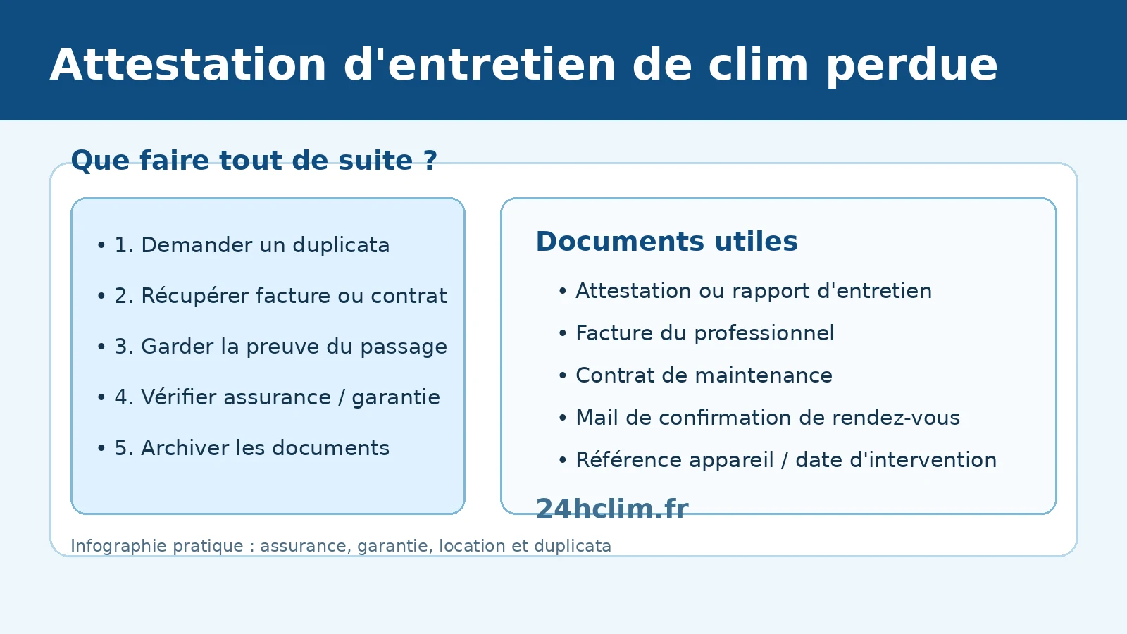 Attestation d'entretien de climatisation perdue : duplicata et preuves utiles