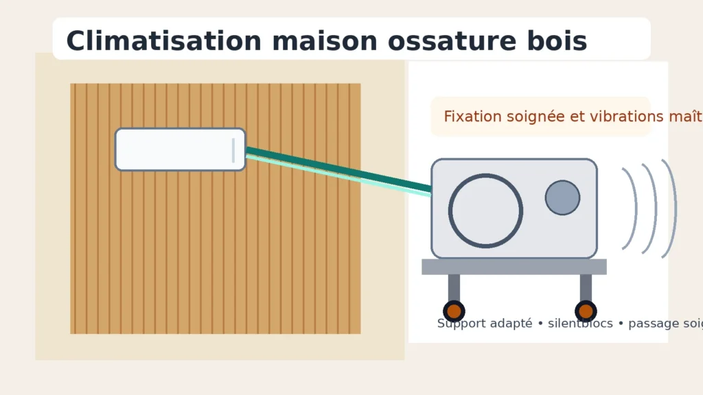Climatisation dans une maison à ossature bois avec fixation adaptée et vibrations maîtrisées