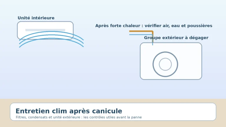 entretien climatisation après canicule avec unité intérieure et groupe extérieur